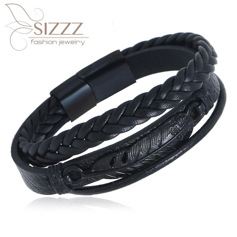 

Charm Bracelets 2021 Europe And The United States Creative Black Stainless Steel Leather Double Layer Bracelet&bangles For Women/men