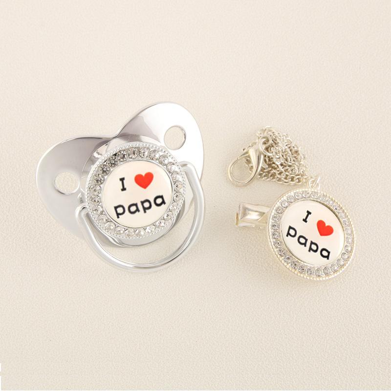 

Pacifiers# I Love Papa Bling Silver Baby Pacifier With Clip Infant Soother BPA Free Silicone Dummy Nipples For Shower Gift Chupeta