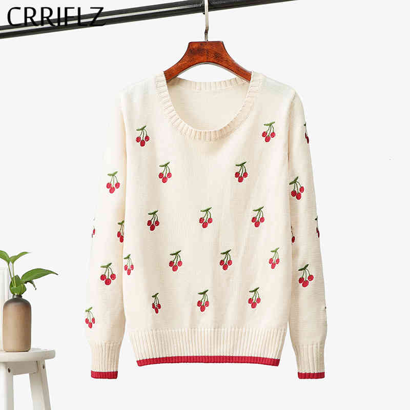 

Autumn Winter Preppy Style Sweet Knitted Sweater Women O-neck Thick Cherry Embroidered Full Sleeve Pullovers CRRIFLZ 210520, Apricot
