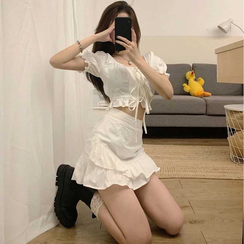 

Korea Ulzzang casual ins kawaii two-piece summer set drawstring Puff Sleeve big size puff sleeve Harajuku chic women suit 210608