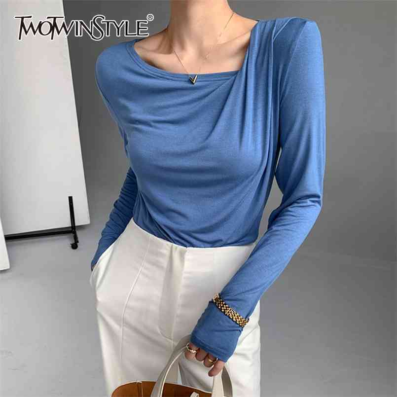 

TWOWINSYLE Solid Casual Shirt For Women Asymmetrical Collar Long Sleeve Straight Shirts Female Spring Fashion Clothes 210524, Blue