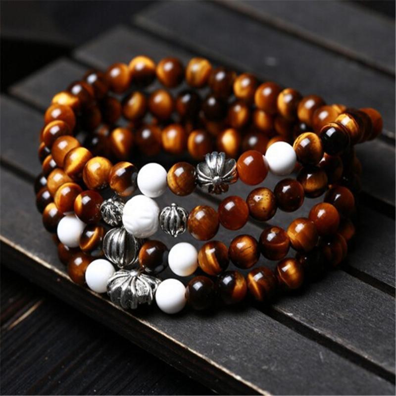 

Beaded, Strands Design Natural Crystal Yellow Tiger Eye Stone 108 Beads Mala Tibetan Silver Charm Fashion Men And Women Strand Bracelet