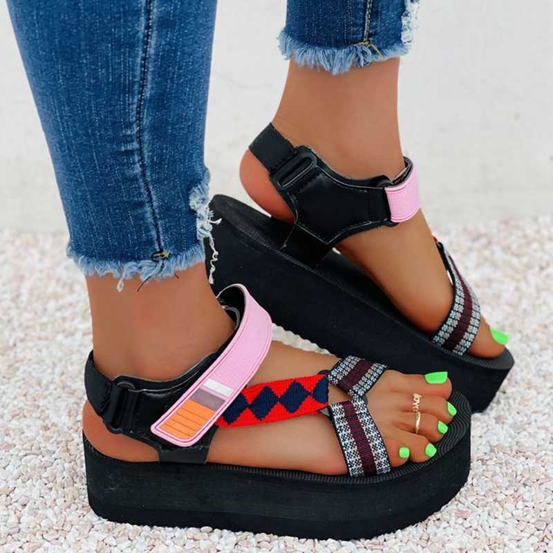 

Dress Shoes Simple Casual Thread High Platform Women Summer Sandals Print Decorate Open Round Toe Ankle Strap Thick Sole Flat, Green