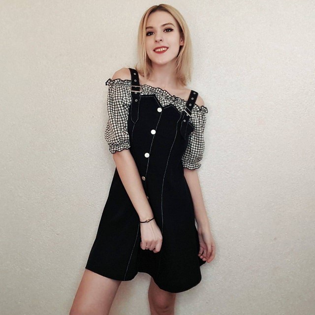 

2021SINGRAIN Women Plaid Strap Dress Korean Slash Neck Sexy Off Shoulder Button Puff Sleeve Dress Summer Patchwork A Line Sundress, Black-small plaid