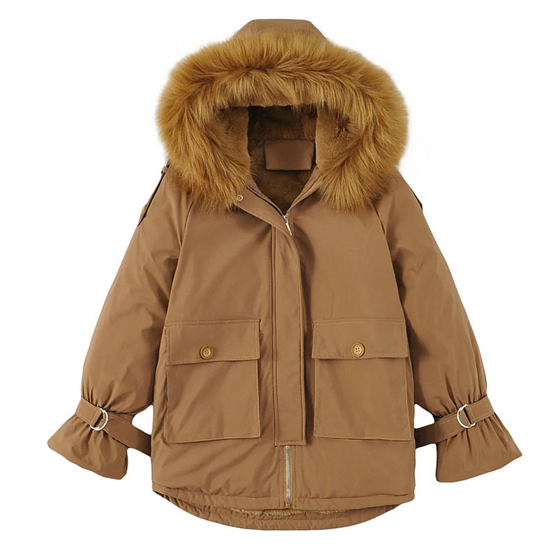 

Winter Fashion Hooded Thickened Lining Plus Fluffy Collar Big Pockets Warm Jackets Cotton Coat Women's Clothing 210521, Khaki