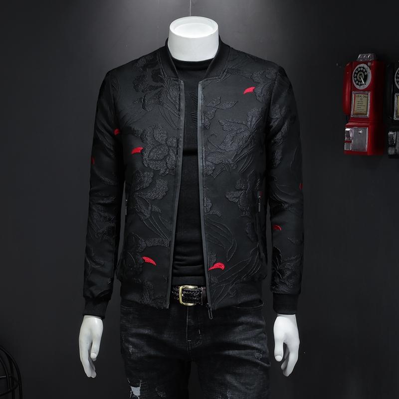 

Men's Jackets Spring Autumn Men Jacquard Casual Jacket Coats Dark FVogue Slim Fit Bomber Retro Business, Black