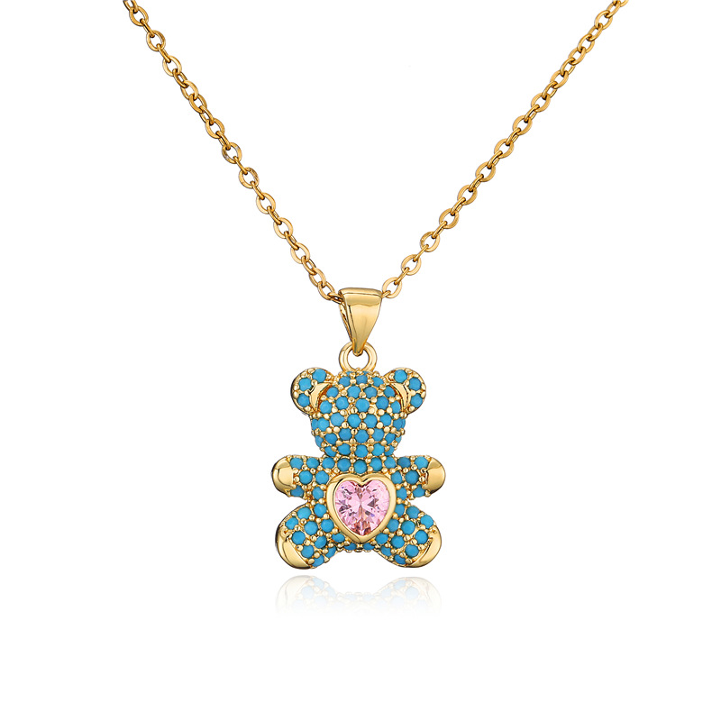 

High Quality CZ Colorful Zircon Pave Setting Love Bears Pendant Necklace with Gold Chain Cute Woman Jewelry