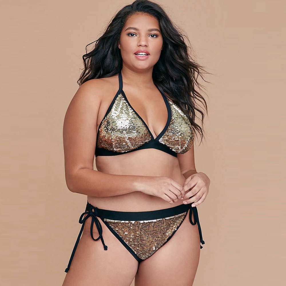 

Plus Size Gold Sequin Glitter Push Up Swimsuit Vintage Triangle Top And Side Tie Swimwear Sexy Cheeky Bottom Bandage Bikini Set