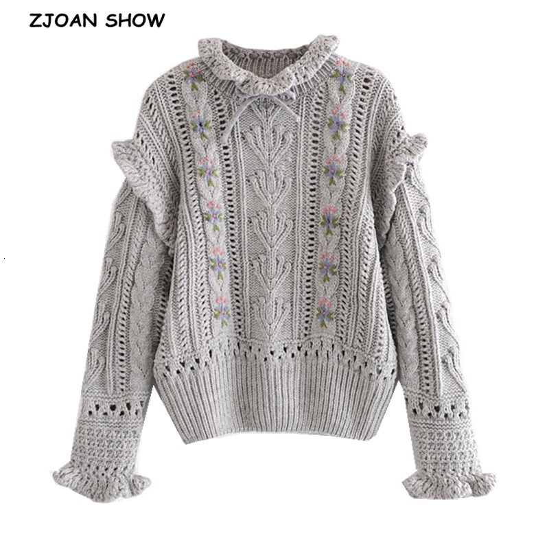

Women's Sweaters Autumn Winter Women Flower Embroidery Knitting Sweater Vintage Spliced Ruffles Pullover Knitwear Long sleeve Jump, Gray
