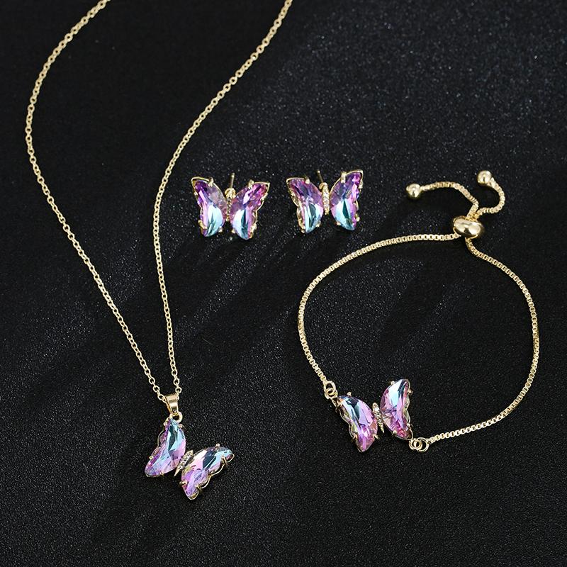 

Earrings & Necklace Stylish Colorful Butterfly Necklaces For Women Crystal Pendant Chain Set Korean Style Fashion Party Jewelry, As pic