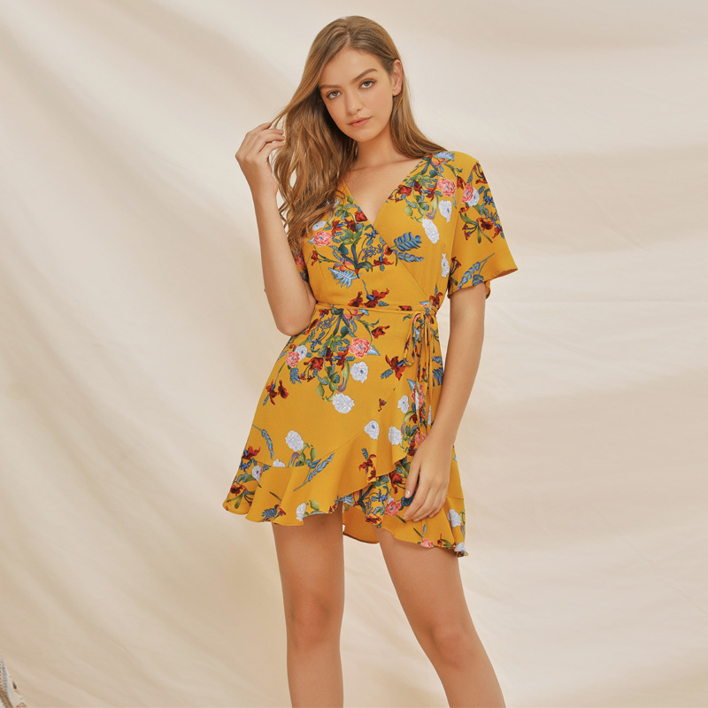 

Paris Girl BohoPrint Ruffles Women Dress Summer Beach Vacation Sundress Sexy V Neck Short Sleeve A Line Chiffon Mini Dresses 210524, Yellow