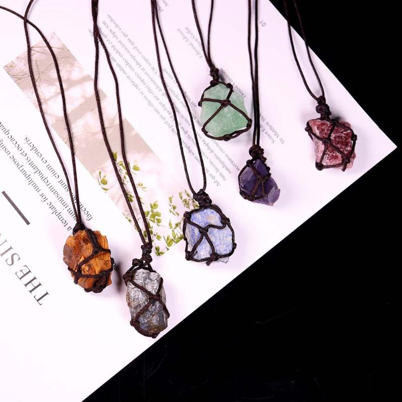

Pendant Necklaces Braid Net Pocket Mineral Fluorite Clavicle Chains Natural Stone For Women Men Fashion Jewelry, Silver