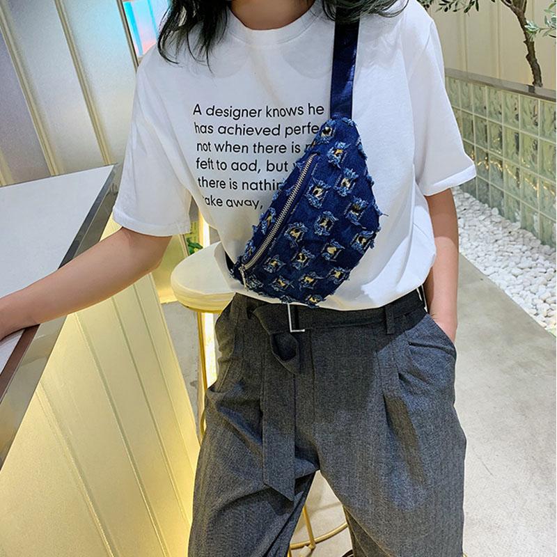 

Waist Bags Hollow Out Denim Packs Women Men Chest Bag Zipper Shoulder Belt Cellphone Unisex Casual Chic Fashion