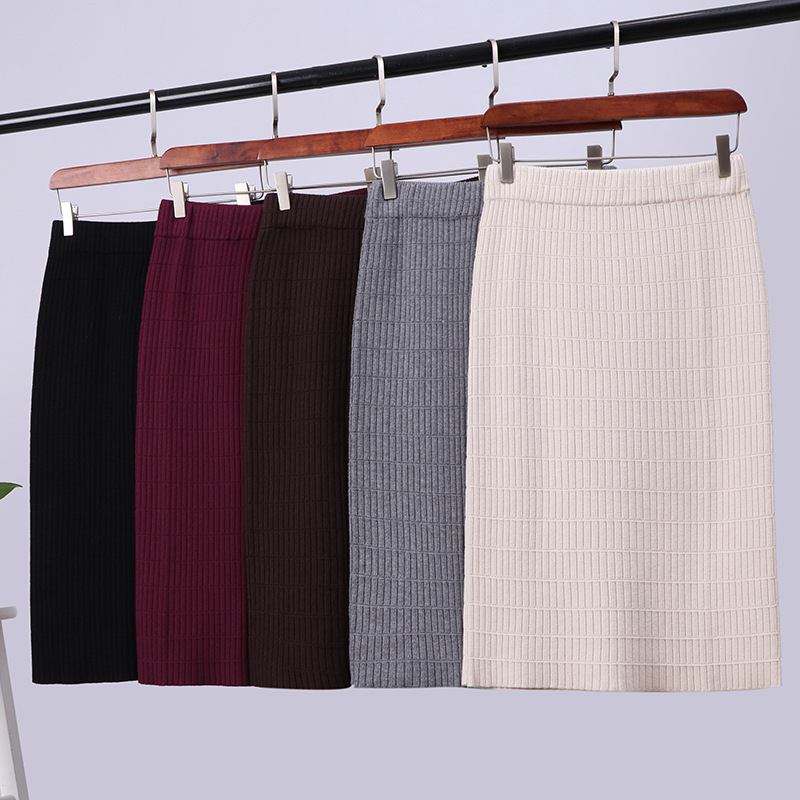 

Autumn Winter Knitted Skirt Women Casual Thick High Waist Hip Female Office Lady 210520, Burgundy
