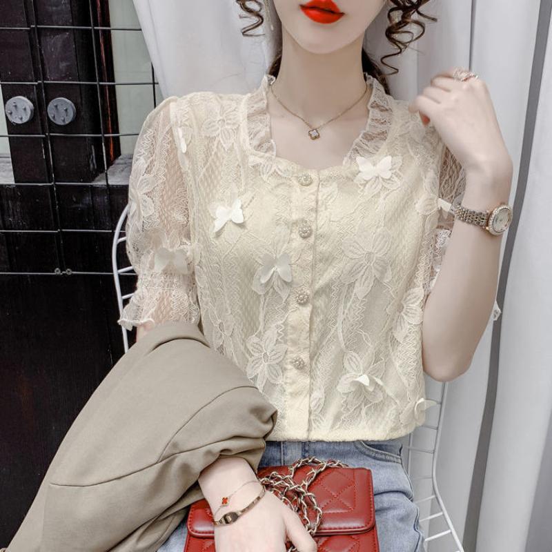 

Women's Blouses & Shirts 2021 Women Spring Summer Casual Solid Shirt Lady Slim Square Collar Short Sleeve Blouse Female Vintage Single Breas, White