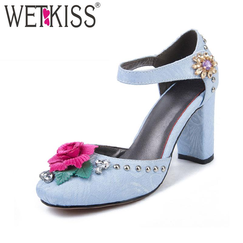 

Summer Women Sandals Flock Ladies Shoes Buckle High Heels Footwear Rivet Rose Flowers Appliques Blue Red Black