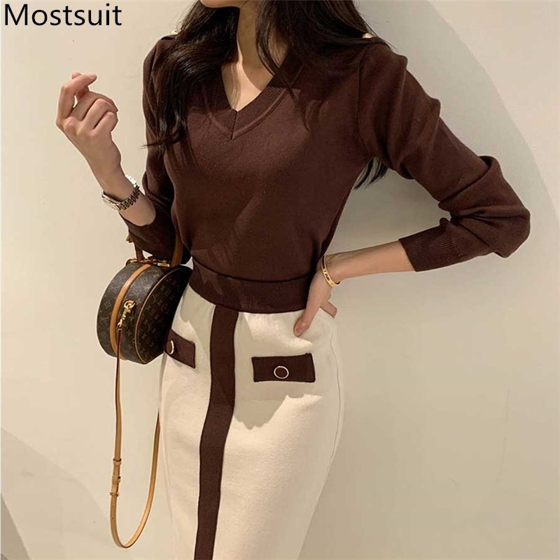 

Korean Elegant Knitted Two Piece Skirt Sets Outfits Women V-neck Sweater + Long Suits Fashion Ladies 210518, Brown set