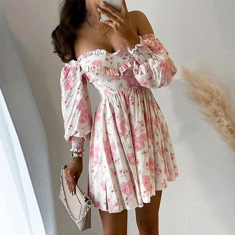 

Casual Dresses Floral Print Summer Dress For Women Sexy Off Shoulder Long Sleeves Pleated Mini Female Sweet Backless Vestido 2021, Pink