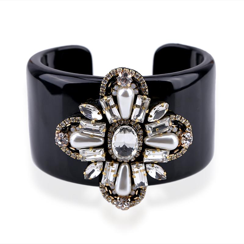 

Bangle HAHA&TOTO Trendy Black Resin Inlaid Handmade Crystal Beaded Flower Statement Women Jewelry 3297