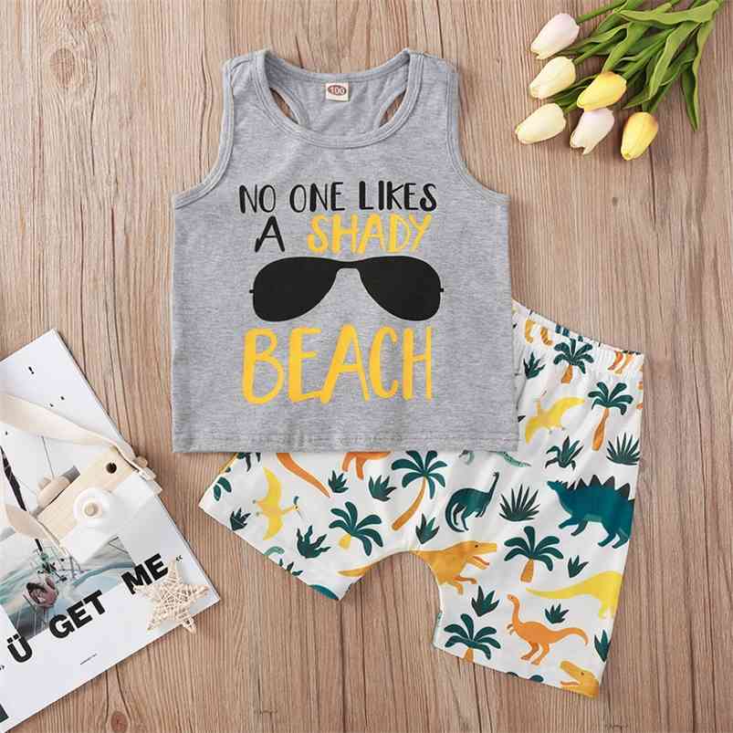 

Summer Children Sets Sleeveless Print Letter Tops Dinosaur Shorts Cute Girls Boys Clothes Set 6M-4T 210629, Gray