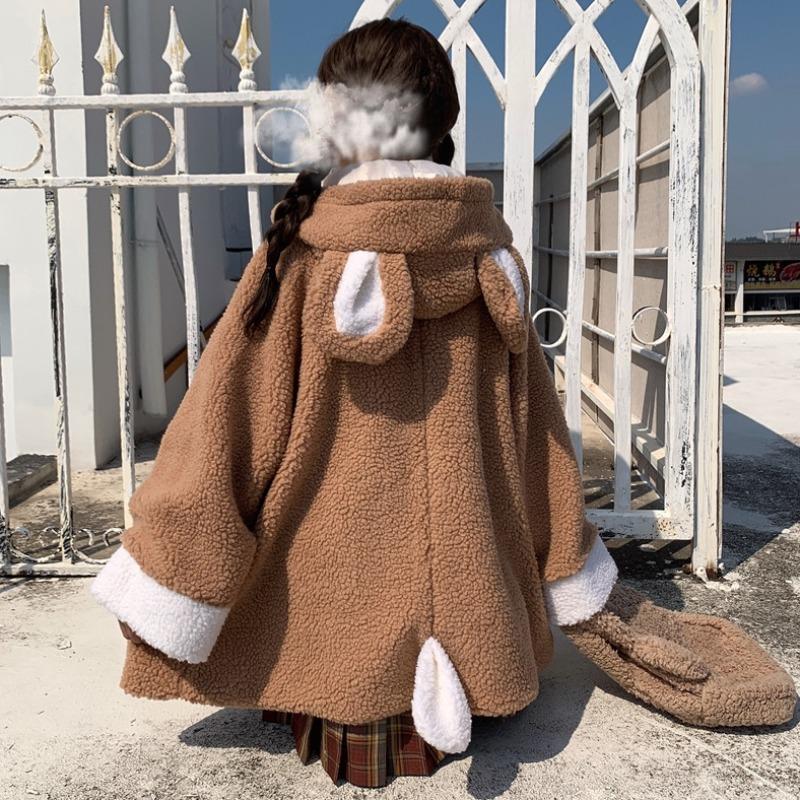 

Women's Hoodies & Sweatshirts Long Sleeve Cute Bear Ear Hoodie Autumn Retro Japan Style Single-breasted Fleece Lamb Wool Coat Hooded Women T, Black