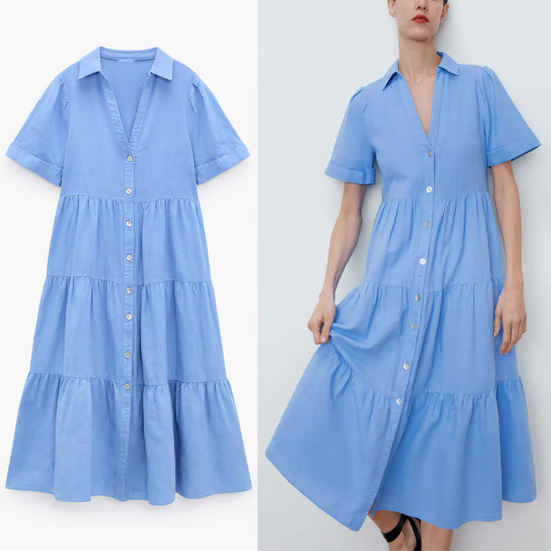 

Women Blue Tiered Pleated Shirt Dresses Za Vintage Short Sleeve Loose Summer Dress Woman Chic Front Button Midi Dress 210602
