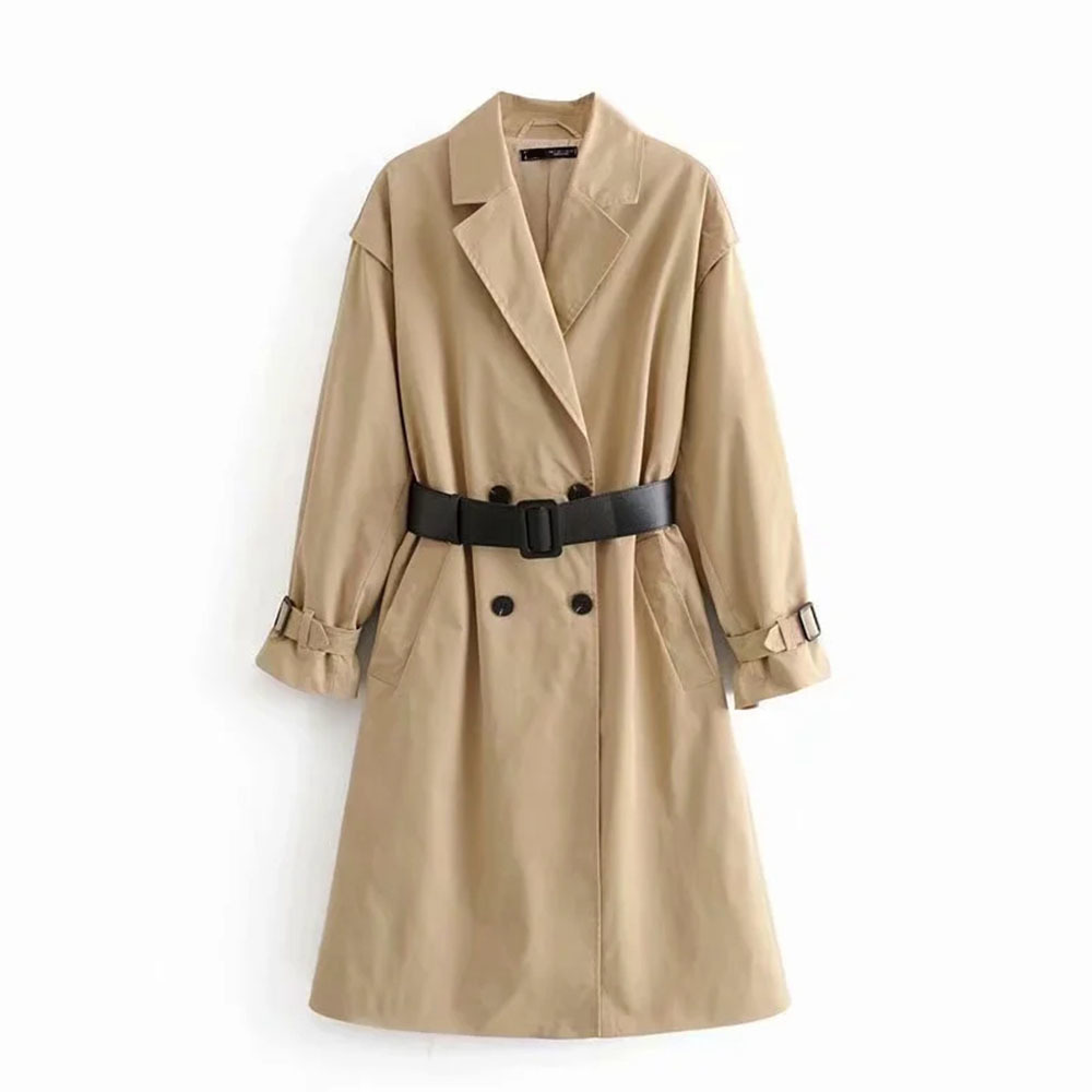 

BBWM Spring Windbreaker Sleeve Turn-down Collar Double-breasted Loose Straps Waist Slim Mid-length Trench Coat 210520, Khaki