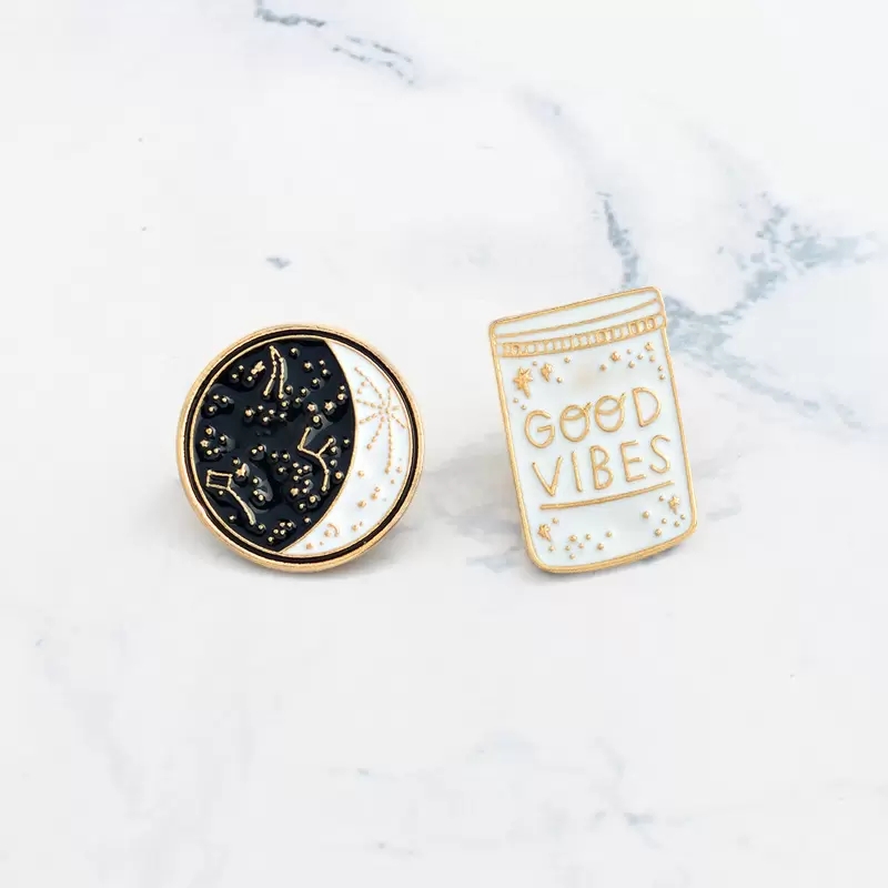 

Good Vibes Enamel Pin Constellation Day And Night Moon Brooch Pins Button Denim Jacket Coat Collar Pin Badge Jewelry Gift, Mixed colors