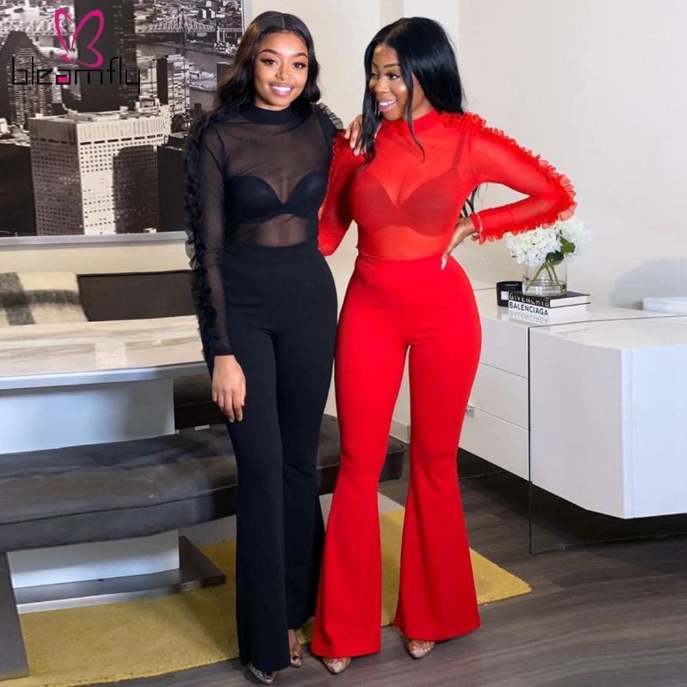 

Sexy Two Piece Set Women Festival Clothing Club Outfits Mesh Sheer Top And Flare Pant Sweat Suits Matching Sets Casual Tracksuit1, Black