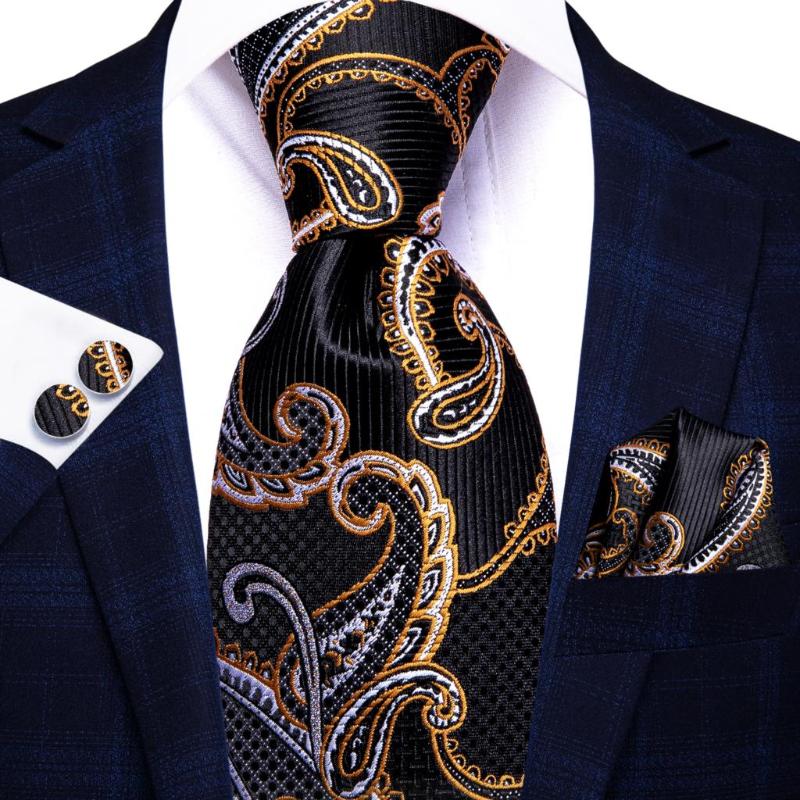 

Bow Ties Hi-Tie Black Gold Paisley Silk Wedding Tie For Men Handky Cufflink Fashion Designer Gift Necktie Business PartyBow BowBow