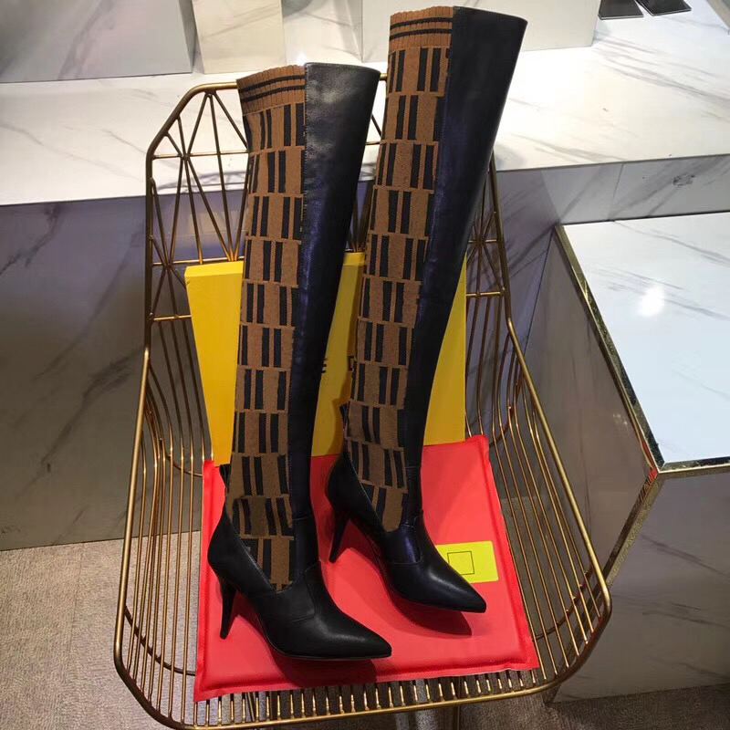 

Luxury 2021 Outdoor Sexy Fashion Women's Knitted Socks Boots Fine heel 9.5CM Thigh High Boot Breathable Elastic Pointed Toe shoes With box, Style 1