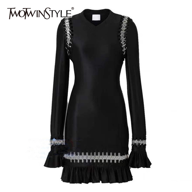 

Patchwork Hollow Out Dress For Female V Neck Flare Long Sleeve High Waist Ruffles Slim Women's Dresses Fashion 210520, Black