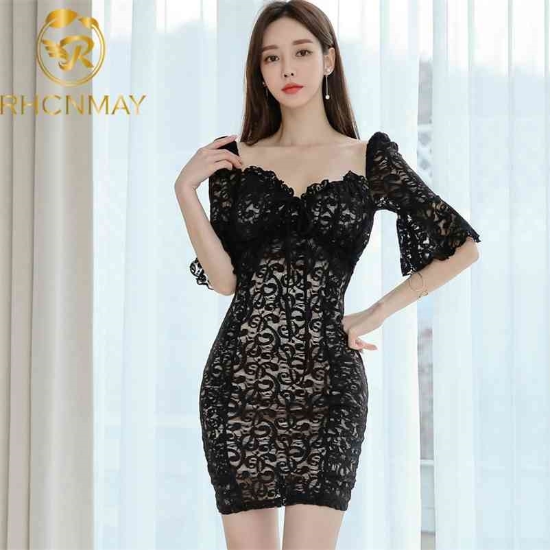 

Women Elegant Sexy Black Lace Pencil Dresses V neck Summer Vestidos Short Flare sleeve Hollow Out Slim Sheath Dress 210520, White