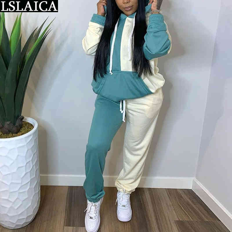 

Clothes Color Matching Pocket Drawstring 2 Piece Set Elastic Waist Fashion Hooded Collar Fitness Tracksuit Ubrania Damskie 210520, Turquoise