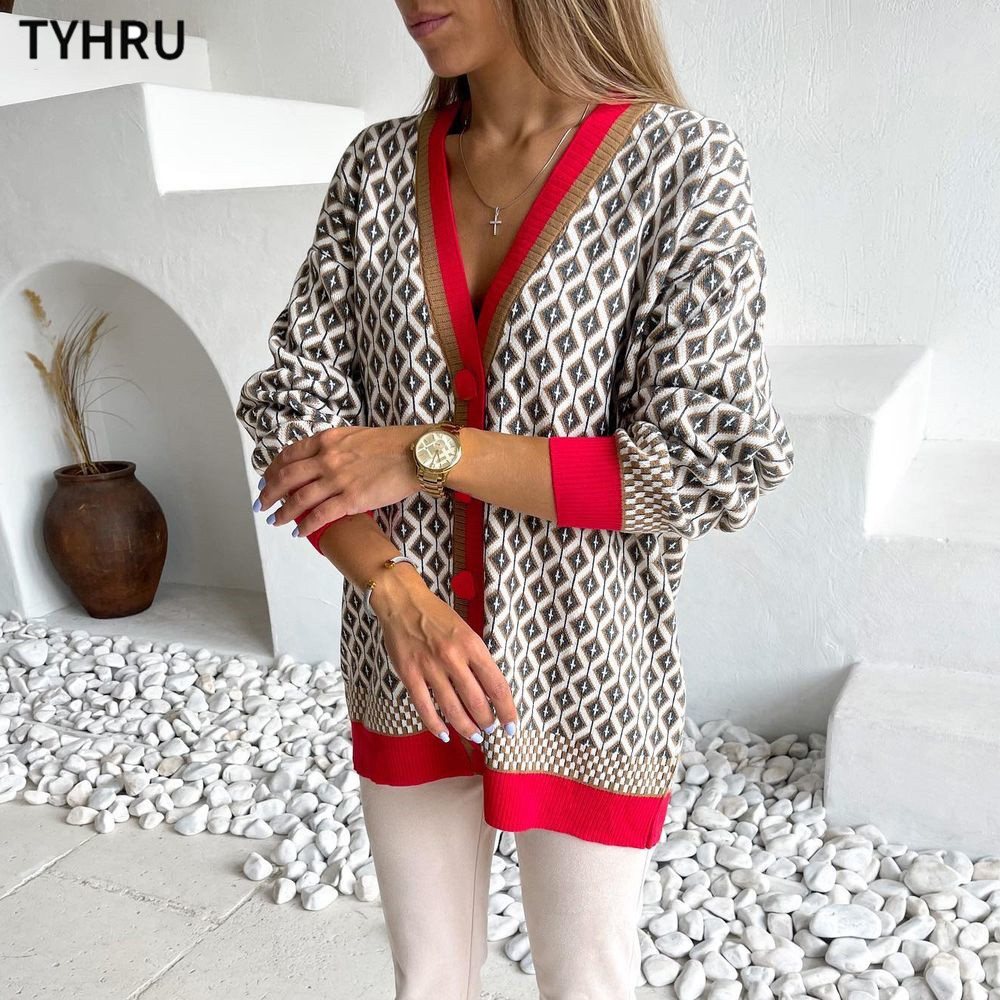 

TYHRU Womens Knitting Sweater Color Matching Diamond Lattice Single-Breasted Buttons Loose Casual Knitted Cardigan Sweaters, Rose red