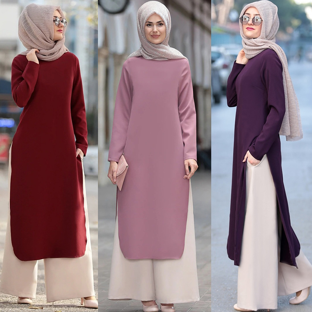 

Muslim Abaya Dress Long Tops Arab Turkey Dubai Brief Solid Side Split O Ne Long Sleeve Top Eid Ranmadan Islamic Clothing Ropa