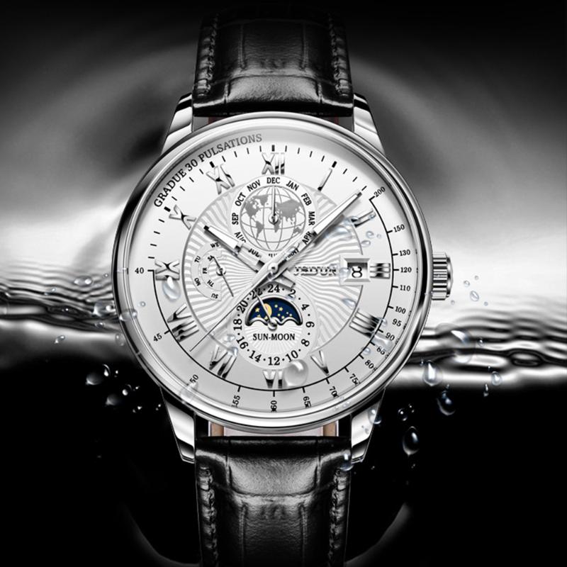 

Wristwatches JSDUN 2021 Classic Men's Sports Mechanical Watch Moon Phase Leather Luxury Automatic Waterproof Montre Homme 8909, Black dial-01