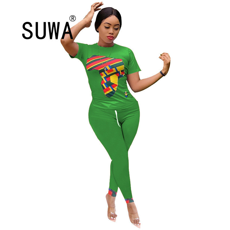 

Wholesale Active Wear Women Clothing Set Geometric T-shirt Pencil Jogger Pants Tracksuit Sport Two Piece Fitness Outfit 210525, Yellow