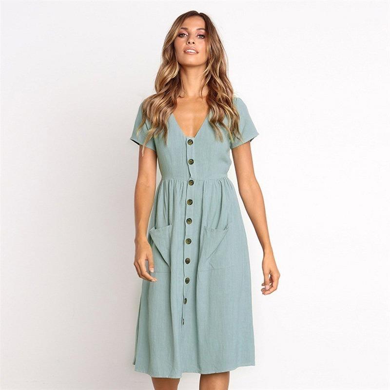 

Woman Summer Dress 2021 Selling Fashion V-neck Button All-match Pocket Short-Sleeved Dresses Vestidoes ONY0864 Yoga Outfit, Black