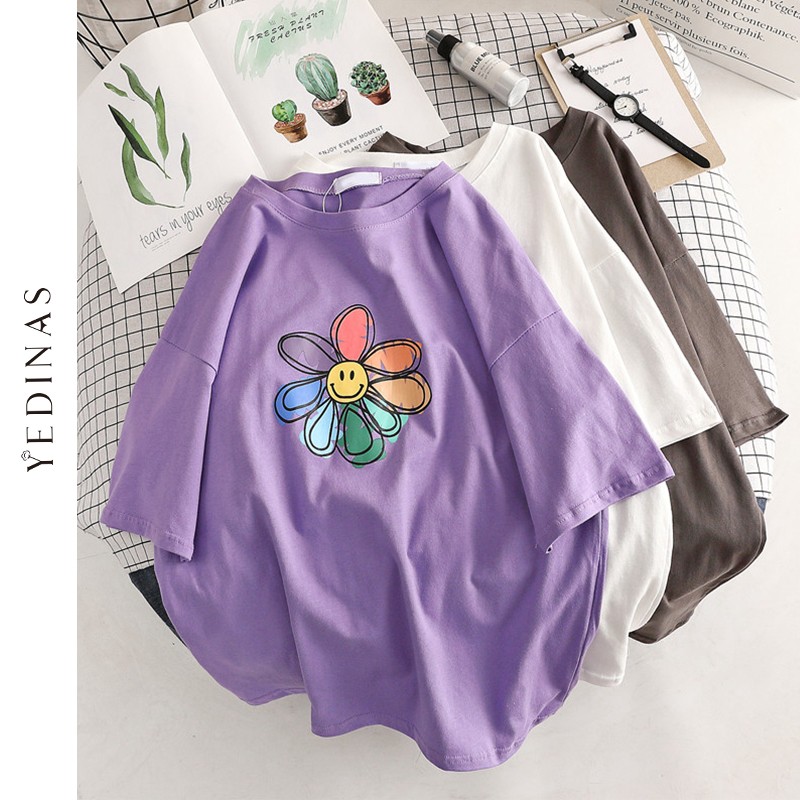 

Yedinas Sunflower Print T Shirt Women Summer T-shirt Cotton Female Japanese Style Aesthetics Tops Oversized Streetwear Tee Shirt, Purple