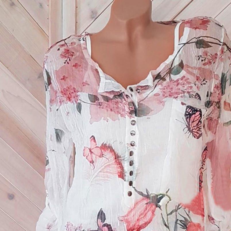 

plu size chiffon casual womens shirts vintage boho floral print long sleeve v neck blouses and button holiday, White