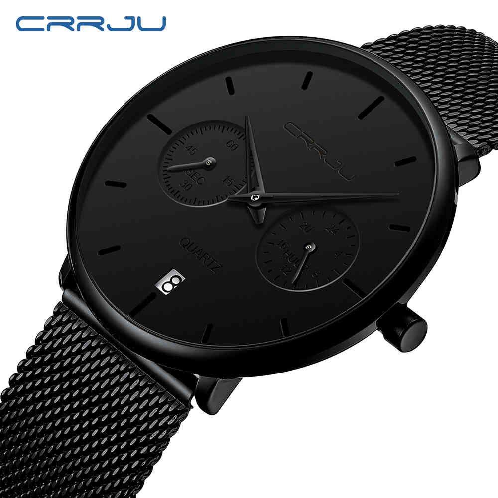 

Relogio Masculino CRRJU Sport Casual Waterproof black Watch for Man Fashion Quartz Full Steel Watch Mens Auto Date Unique Watch 210517, Black blue