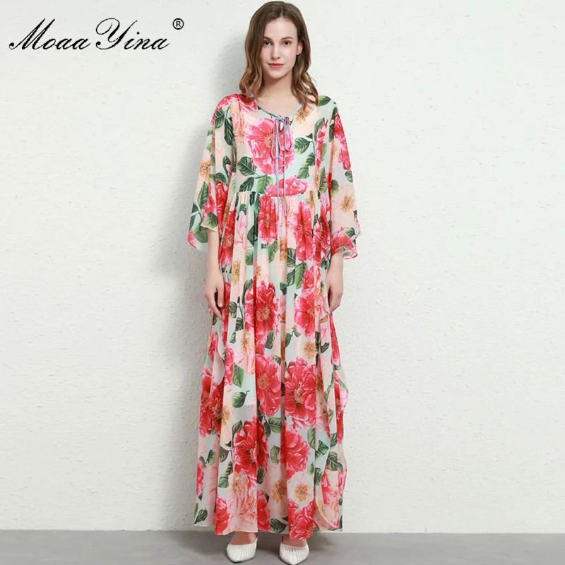 

Fashion Designer Dress Summer Women's dress Batwing Sleeve Camellia Floral Print Bohemia Vacation Chiffon Maxi Dresses 210524, Multi