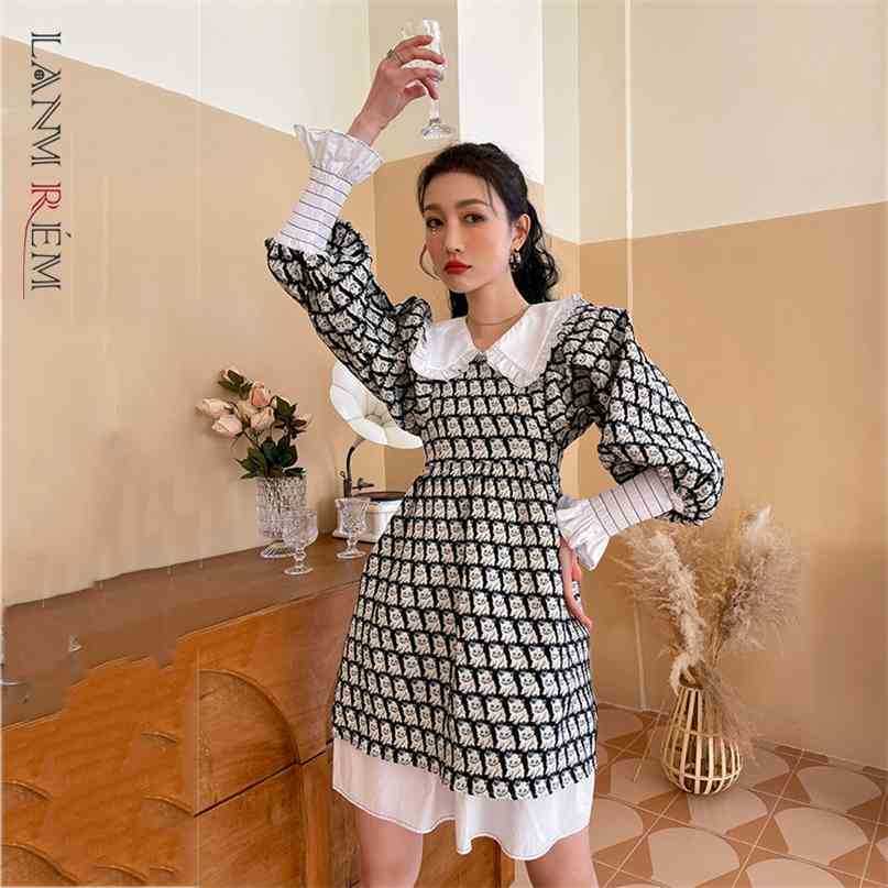 

Women Ruffle Print Mini Dress Turn-down Collar Long Puff Sleeve Loose Fit Fashion Spring Autumn 2E1634 210526, Black