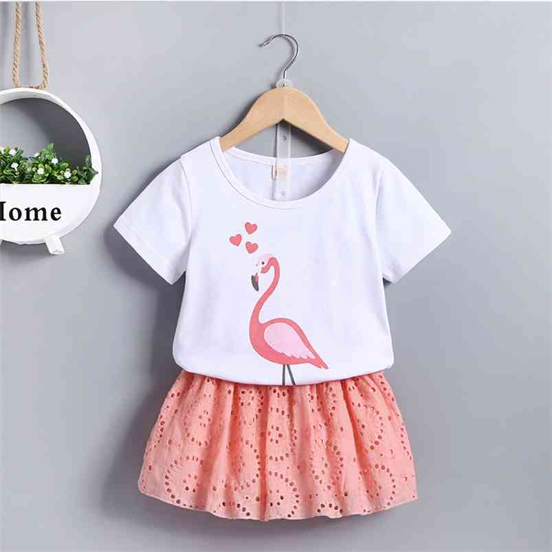 

Girls Clothes Sets For Kids Cute Short Sleeve Print O Neck White T-shirt Hollow Out Skirts Summer 210629