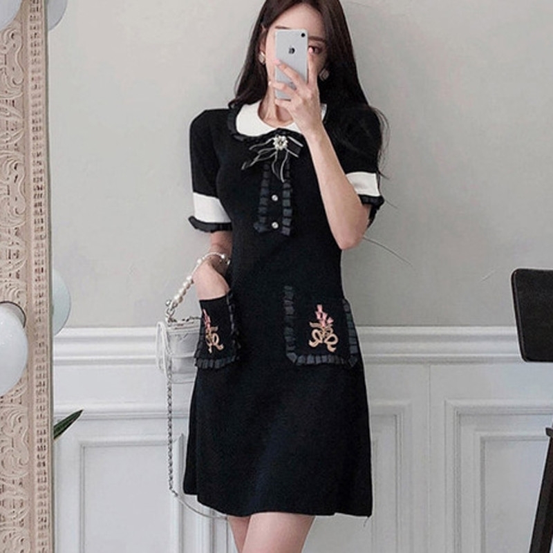 

ZAWFL Women Sweater Dress Retro Beading Pearls Bow Ribbon Knitted patchwork es Embroidery Short Sleeve 210525, Picture color