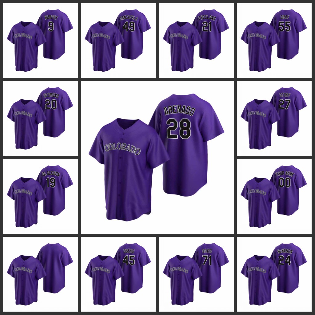 

ColoradoRockies #28 Nolan Arenado 27 Trevor Story 19 Charlie Blackmon Men Women Youth Custom PurpleReplicaAlternate Jersey, Black