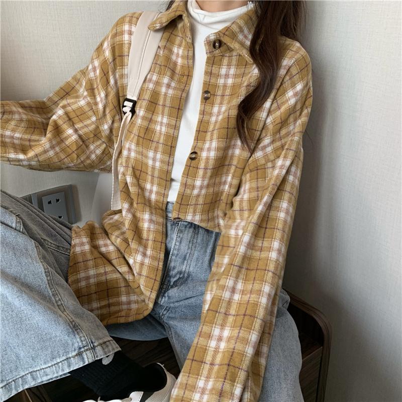 

Women's Jackets CMAZ 2021 Autumn Winter Thick Coats For Women Retro Plaid Long-Sleeved Shirt Korean Style Wool Casual Loose Lapel, High collar base