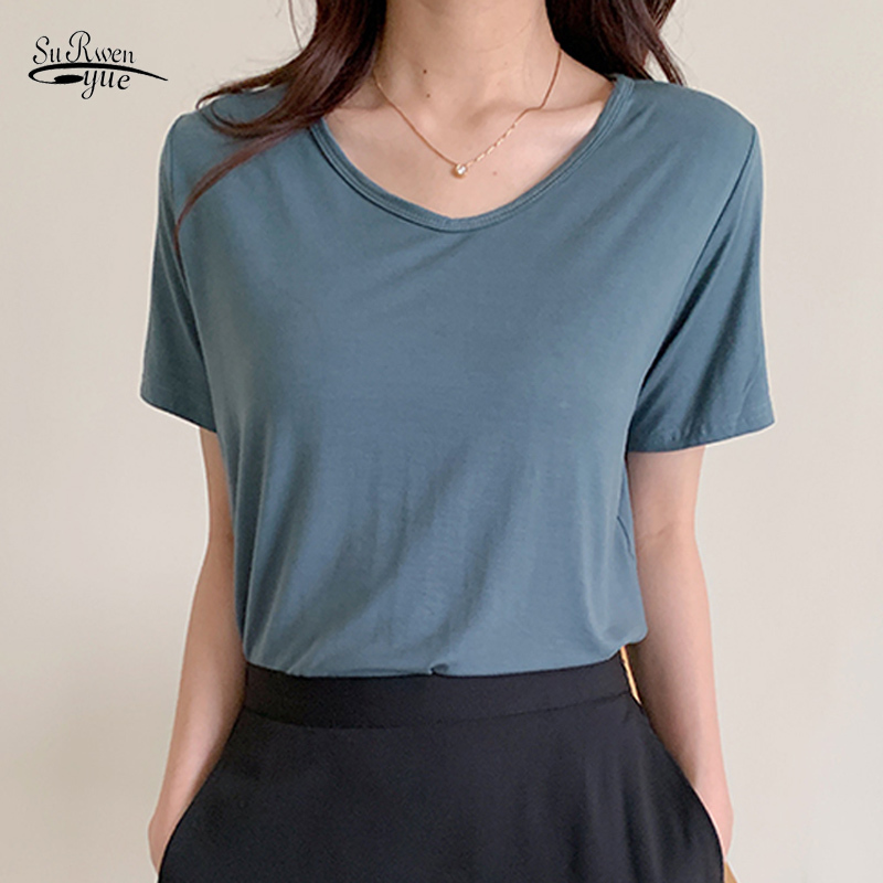 

Summer Cotton Short Sleeve Blouse Women Plus Size Loose Ladies Tops Casual Solid V Neck Pullover Shirts for 9262 50 210521, Black