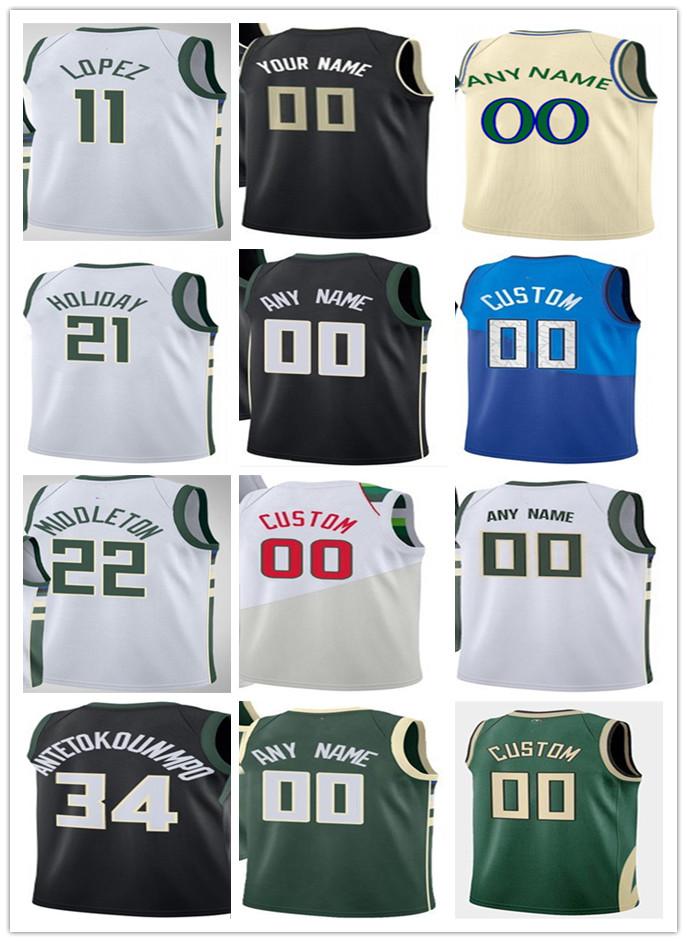 

Mens Womens Youth Giannis 34 Antetokounmpo Brook 11 Lopez Khris 22 Middleton Jrue 21 Holiday custom Basketball Jerseys Black white green blu, Colour